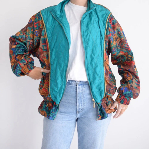 Vintage Teal Nylon Zip Up Lightweight Spring Jacket L - Picture 2 of 10